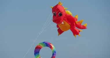 Küçük kırmızı Dino hava yüzücü Sky - uçurtma, tüm çeşit ve Uluslararası Uçurtma Şenliği Leba, Polonya üzerinde uçan şekiller