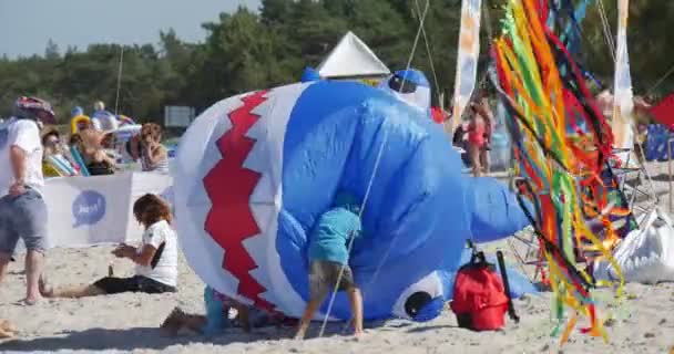 Shark luft simmare - människor förbereder sig för att flyga drakar av alla typer och former på internationella Kite Festival i Łeba, Poland — Stockvideo