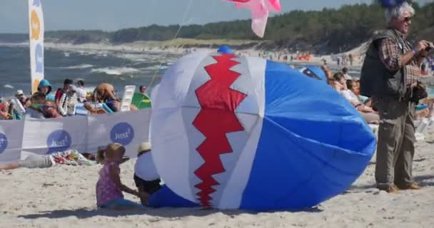 鲨鱼空气游泳-准备在国际风筝节在莱，波兰的所有种类和形状放风筝的人 — 图库视频影像