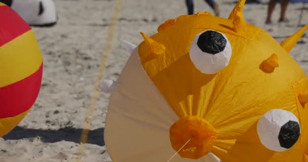 Pufferfish lucht zwemmer - mensen hun vliegers voorbereiden om te vliegen op International Kite Festival in Łeba, Polen — Stockvideo