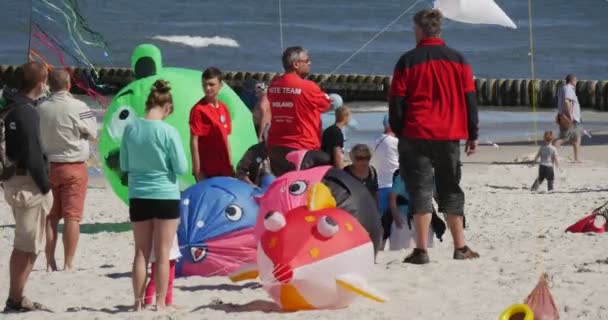 Lucht zwemmers op het strand - mensen voorbereiden op vliegen vliegers van alle soorten en Shapes op internationale Kite Festival in Łeba, Polen — Stockvideo