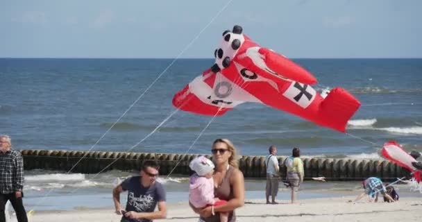 Warplane i latawiec rakietowy na międzynarodowym festiwalu latawca w Leba, Kites w Polsce latają na niebie nad brzegiem Morza Bałtyckiego — Wideo stockowe