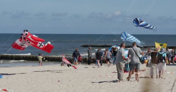 Warplane i latawiec rakietowy na międzynarodowym festiwalu latawca w Leba, Kites w Polsce latają na niebie nad brzegiem Morza Bałtyckiego — Wideo stockowe