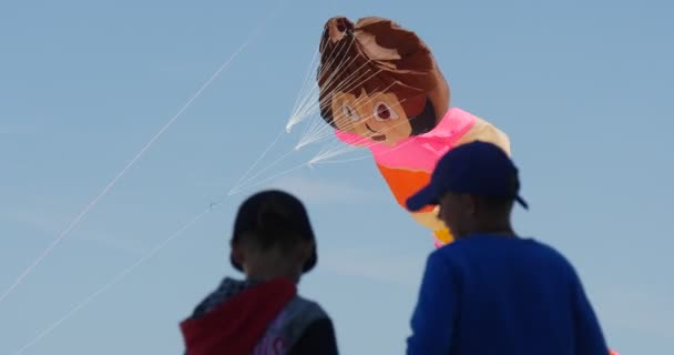 Cometas en el cielo de Leba, Polonia Durante el festival internacional de cometas Rhe - una cometa infantil en el cielo . — Vídeo de stock