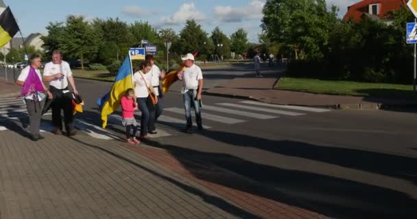 Парад людей, які літають прапори різних європейських країн, маленька дівчинка несе в собі український прапор на параді. — стокове відео