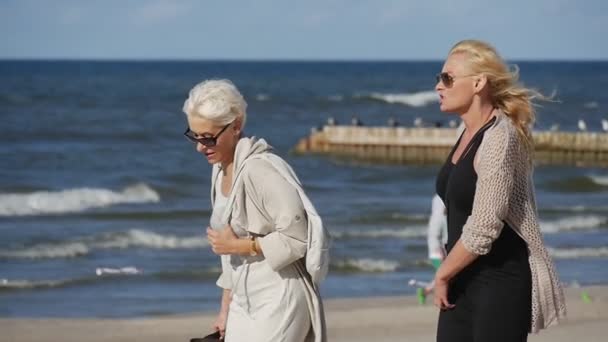 Mensen lopen op het strand in de zon, wandelen langs de kust tijdens het internationale vliegerfestival in Leba, Polen. — Stockvideo