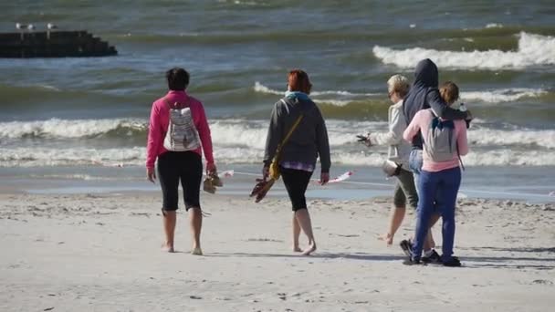在波兰莱巴国际风筝节期间，人们在阳光下漫步在沙滩上，沿着海边散步. — 图库视频影像