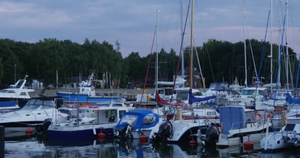 Yachten sind aufgelegt Yachtclub Hafen ruhigen klaren Wasser grünen Bäumen bewölkten Himmel Sommerabend leba Polen — Stockvideo