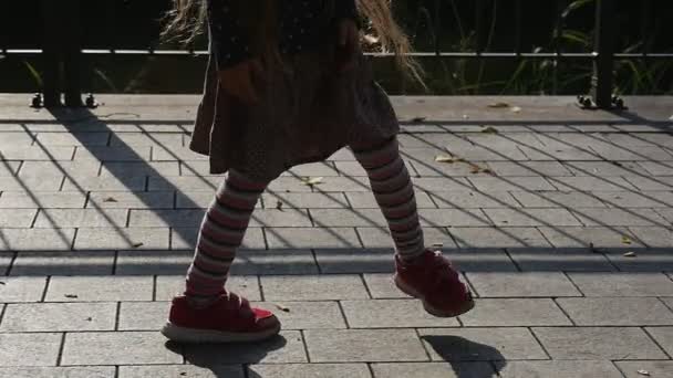 Little Girl in Skirt is Walking by Paved Road Legs in Red Sneakers Park Trees Fence on Background Sunny Day Autumn Outdoors Slow Motion — Stock Video