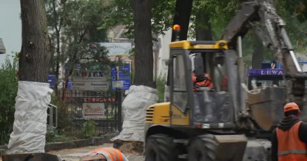 Рабочие в оранжевой рабочей одежде дорожного ремонта желтый экскаватор с мигалкой перемещается Лорри стоит прокладывая дорогу с блоками деревьев проката с полиэтиленом — стоковое видео
