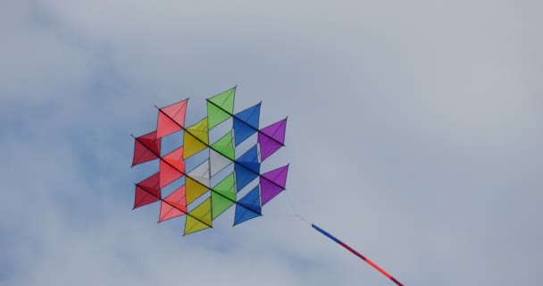 Colorido Kite Soaring - pipas e nadadores de ar de todos os tipos e formas no festival internacional de pipa em Leba, Polônia . — Vídeo de Stock