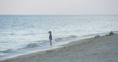 Çocuk üzerine sığ, atlama, yürüme, dalgalara seyir Water içinde babası dışarı-in su, Sandy Beach, sahil, deniz