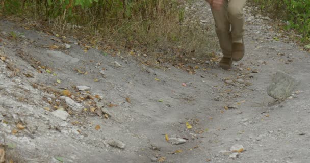 Mann Tourist Mann Beine Mann Füße aus nächster Nähe klettert auf einem Fußweg auf den grünen Hügel bewachsenen Hügel grüne Buchen grüne Bäume tagsüber im Freien — Stockvideo