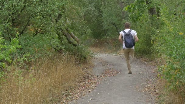 Человек турист в белой футболке с рюкзаком бежит вниз по тропинке на зеленом холме Заросший холм зеленые букеты зеленые деревья медленное движение — стоковое видео