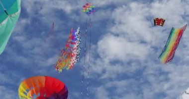 Paraşüt benzeri uçurtma - uçurtma, tüm çeşit ve şekillerdeki Leba, Polonya uçurtma Uçurtma Festivali gökyüzünde uçuyor.