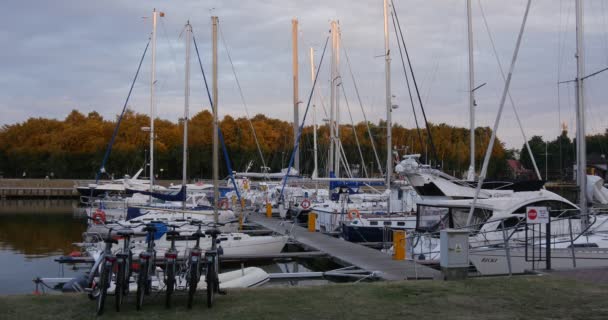 Os iates brancos são colocados acima do porto do clube do iate do porto calma grama verde da água clara no cais da costa na bicicleta da distância que estaciona no por do sol do dia nublado da costa — Vídeo de Stock