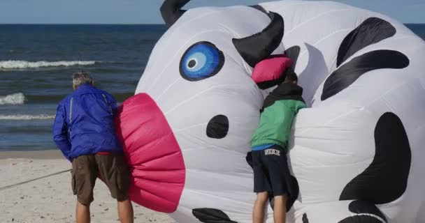 Un hombre y un niño empacando un nadador de aire - La gente empacando sus cometas y nadadores de aire en el festival internacional de cometas en Leba, Polonia . — Vídeos de Stock