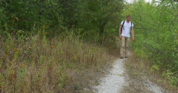 Man Tourist Man w białym T-shirt człowiek jest podnoszenie się dotyka trawa jest chodzenie przez Footpath na zielonym wzgórzu zbliża aparat na zewnątrz dzień — Wideo stockowe