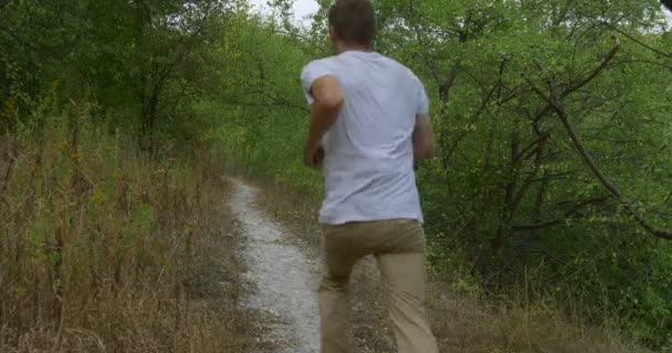 白いTシャツを着た男性ツーリストマンが、緑の丘の上に立ち、緑の茂みグリーンツリーの屋外で歩道でカメラの側面から走っています — ストック動画