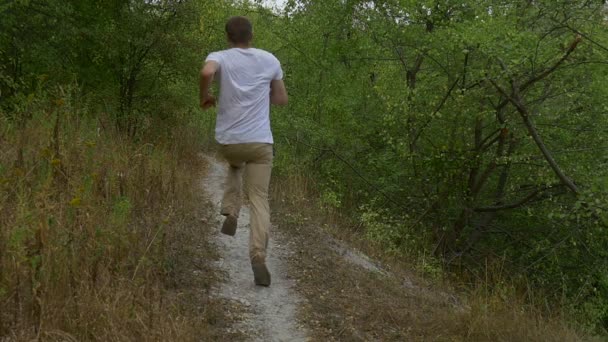 Man Tourist man in wit T-shirt loopt vanaf de zijkant van de camera door voetpad op de groene heuvel begroeide Hill Green struiken groene bomen Slow Motion — Stockvideo