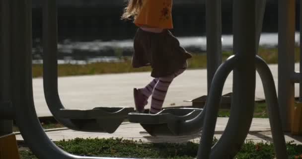 Menina está balançando em um aparelho de treinamento de balanço Menina com cabelos longos e justos Dois Ponytails Lilac Arcos Laranja T-shirt Menina está jogando no campo de jogos — Vídeo de Stock