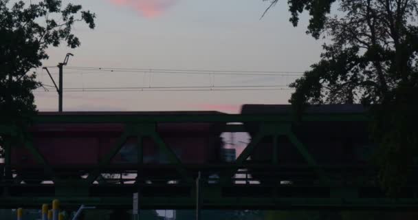 Freight Train Close Up está se movendo pela ponte através dos edifícios do rio em árvores de fundo silhuetas crepúsculos pôr do sol céu rosa — Vídeo de Stock