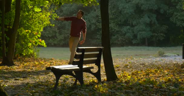 Man draait aroung en lopen door Park Alley man sprong en raakte groene boomtak wandelen naar camera langs lege Bench mensen met fiets — Stockvideo