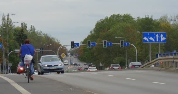 许多不同的客车在铺好的汽车道路女人骑自行车公共汽车上移动和卡车道路标记交通灯标志灯员额十字路口 — 图库视频影像