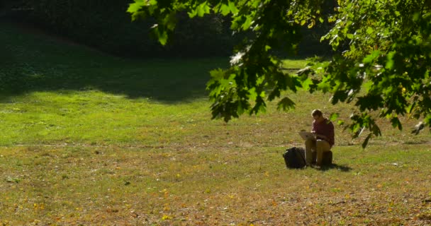 El hombre está sentado en el prado está trabajando con el ordenador portátil Programador independiente Diseñador Copywriter Accountant Put into Backpack Has Stood Up Walks Away — Vídeo de stock