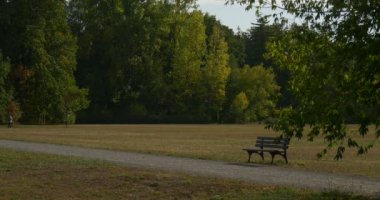 Bisiklet adam kamera adam tarafından geçerken Uzaktan Ağaçlar Boş Tezgah Arkasından Yürüyerek Footpath Park Alley Outdoors