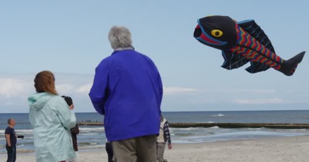 Black Fish Air Swimmer - Personnes préparant leurs cerfs-volants et nageurs aériens ou les volant sur le festival international de cerf-volant à Leba, Pologne . — Video