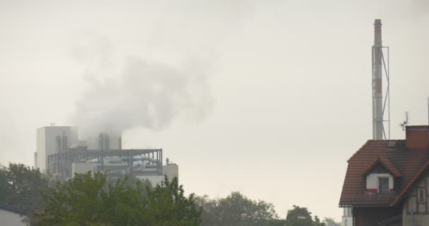 Rauch aus Fabrikschläuchen Umwelt Umweltverschmutzung Fabrikgebäude rotes Dach eines Hauses Industriegebäude Wohnhaus grau himmelgrün Bäume — Stockvideo