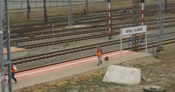 Wanita di Orange Workwear Berjalan di sepanjang Platform Railroad Safety Lines Woman is Talking by Phone Railway Station Cloudy — Stok Video