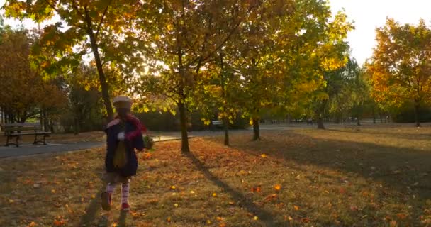 Menina com bela trança menina em boina e jaqueta está correndo longe pela silhueta da menina parque em raios de pôr do sol menina escolheu a folha da árvore — Vídeo de Stock