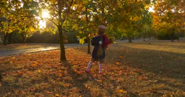 Petite fille avec belle fille tresse en béret et veste se promène par le parc s'approche de l'arbre et cueillette les feuilles à son bouquet tenant un bouquet 