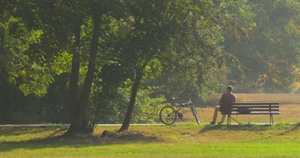 Muž sedí na The Bench s jeho paže se naklonil na kolena a nohy natažené člověk má zbytek nudí muž na lavičce v parku turistické je sedí sám — Stock video