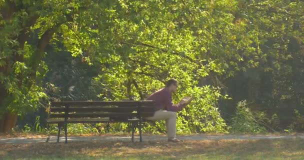 Man zit op de Bank en lezen een boek Man heeft draaide en het boek gebracht rugzak Bench in Park steegje op voetpad wuivende takken — Stockvideo