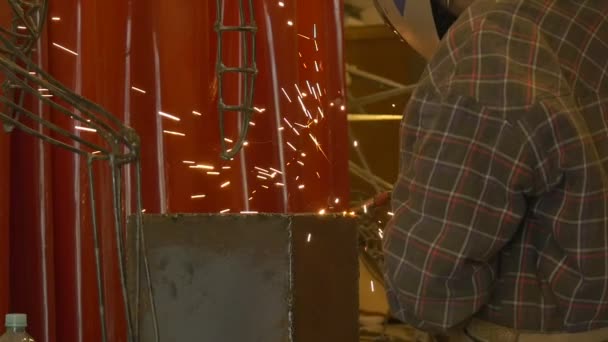 Welding metal welding machine. Spatter, work gloves melt metal iron construction — Stock Video