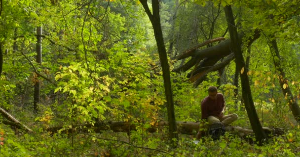 Man is Sitting on The Fallen Tree in Forest and Working with Laptop Freelancer Designer Contabilista Copywriter Programador Coloca o Laptop Toma o Livro — Vídeo de Stock