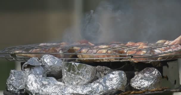 Het koken van vlees op de Grill op de straat. Vlees gebakken op een Grill. — Stockvideo