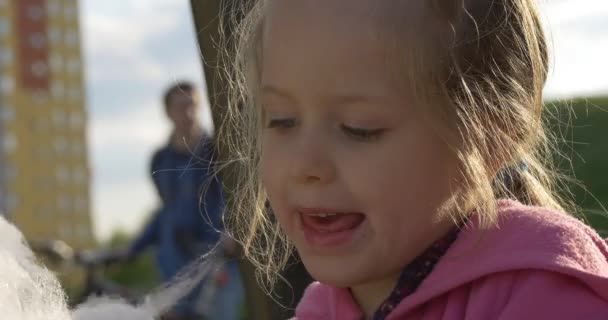 ピンクのブラウスの金髪少女は綿菓子を食べて、夏、屋外です。 — ストック動画