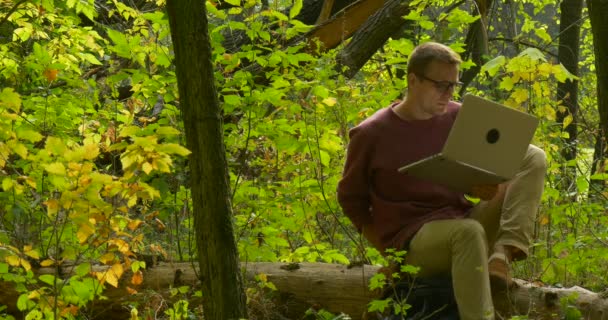 Main in Glasses Comfortably on the Fallen Tree Trunk Freelancer Programmer Copywriter Designer Accountant Has Pursed His Leg Working with Laptop — стоковое видео