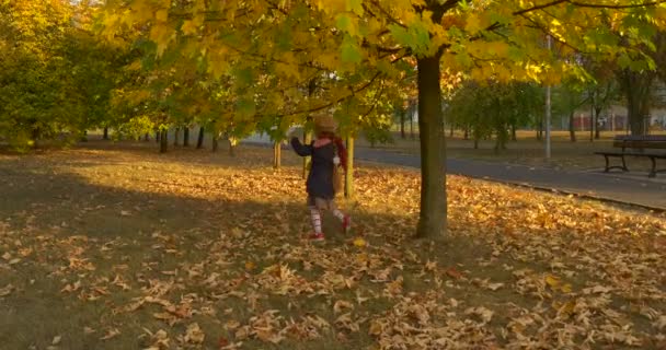 Petite fille blonde en béret Foulard rouge et veste tire la branche de l'arbre pour choisir la feuille tenant le bouquet fait de feuilles et de fleurs Banc ruelle 