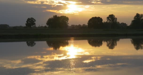 Reflejo del atardecer amarillo en agua flotante, sol que brilla a través del cielo nublado — Vídeos de Stock