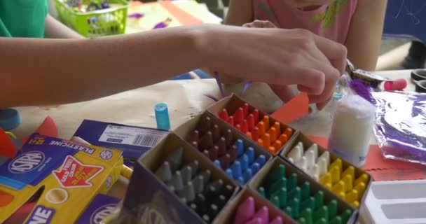 Strumenti di disegno per artigianato Ragazze con animatori ragazze all'aperto dipingere immagini — Video Stock