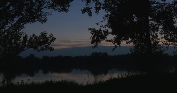 Silhuetas de árvores e arbustos, céu azul com nuvens de lilás, pena em um horizonte, tarde tardia, lagoa, água lisa — Vídeo de Stock