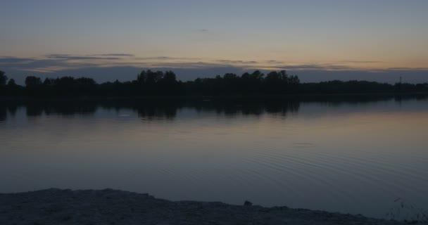 Wellen auf dem Wasser, Sandstrand, Horizont, Baumsilhouetten, blauer Himmel, Hotspot, Horizont, glattes Wetter, Dämmerung, Abend, Teich, Landschaft — Stockvideo