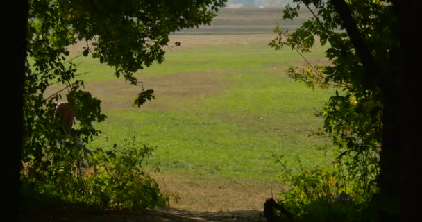 Homme monte sur le vélo de la pelouse à la colline homme en chemise marron et pantalon beige avec sac à dos noir sur son dos ensoleillé jour d'automne chaud — Video