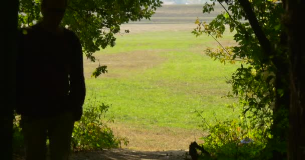 Man med ryggsäck på ryggen stiger upp till kullen silhuett av mannen i skuggan av träden gröna träd och gräsmatta soliga höstdagen — Stockvideo