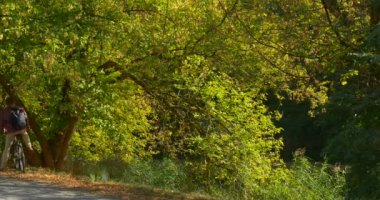 Adam Bisiklete Biniyor Yayılan Ağacın Altında Durur Ve Bisikletten Iner Bazı Adımlar Durur ve Güneşli Göl'e Bakar Sonbahar Günü